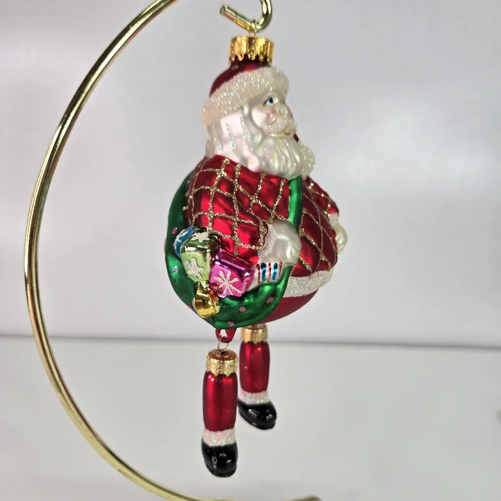 VTG Blown Glass Santa Hanging Ornament With Dangling Legs Toy Sack and Tree‎